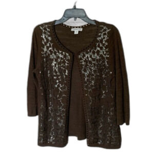 Coldwater Creek Brown Mocha 3/4 Sleeve Cardigan with Sequins Size Medium 10/12